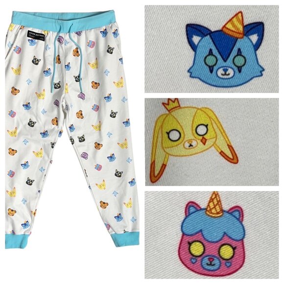Krew District Pants - Size Large KREW Warren James Teddy Heads Allover Pattern White Sweatpants Jogger